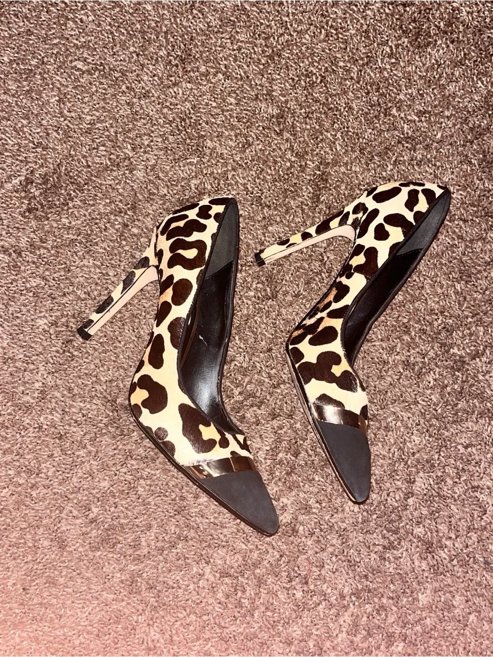 Y2K Glam Leopard Print Pony Hair Pointed Pumps w/ Gold & Black Toe